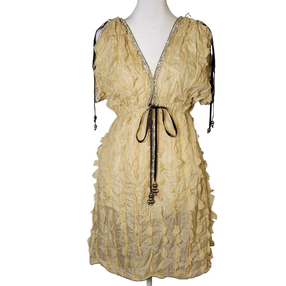 Kasia de Gelaque Crystal Crinkle Silk Mini Dress Open V-Back Boho Fairy Goddess